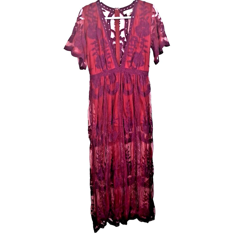 Sheer Floral Embroidered Lace Babydoll Maxi Dress Large Red Purple Goth Fairy